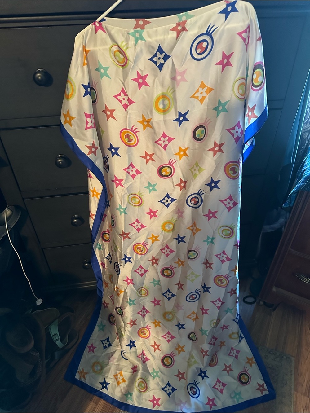 Colorful Star Print Silk cover-up - White Base with Multi-Color Accents